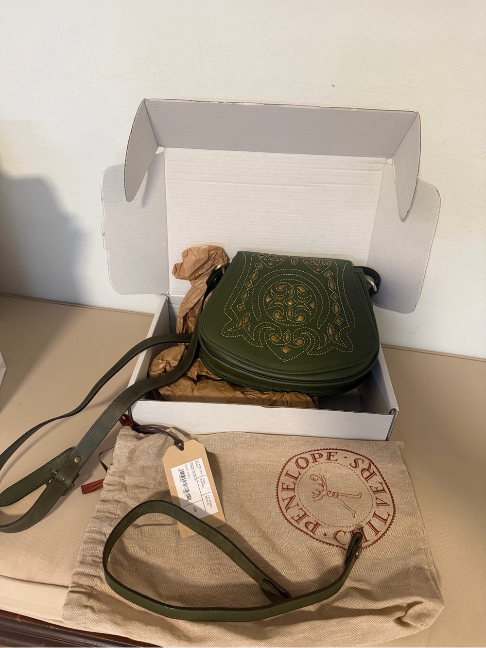 Penelope Chilvers Olive Green Embroidered Leather Crossbody Saddle Bag NWT - Picture 6 of 7